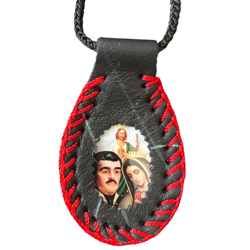Guadalupe, St Jude, Jesus Malverde Scapular Necklace Leather Knotted Handmade